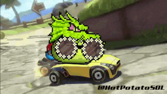 a pixel art of a yellow car with a green dragon on top