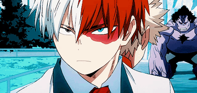 a drawing of a boy with red and white hair and a blue eye