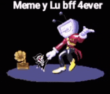 a cartoon character with a tv head is dancing with a dog and a record player .