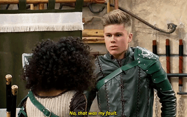 a man in a green leather jacket is talking to a woman in a white sweater and says no that was my fault