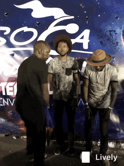 three men stand in front of a sign that says bora