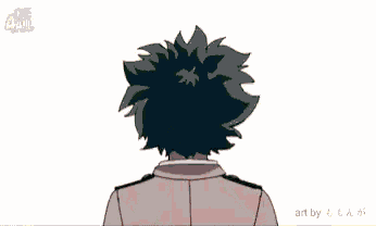 a drawing of a boy with green hair and a gray jacket