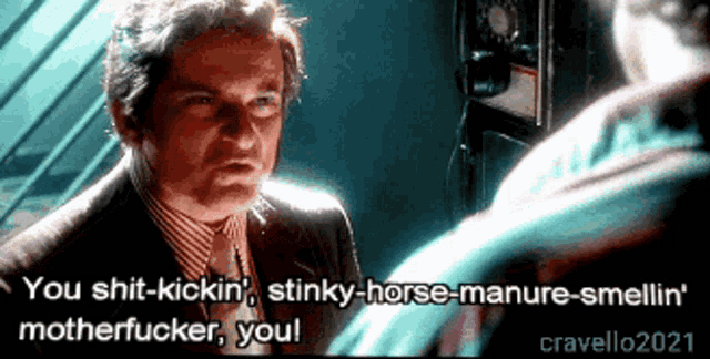 a man in a suit and tie says you shit-kickin stinky-horse-manure-smellin motherfucker you !