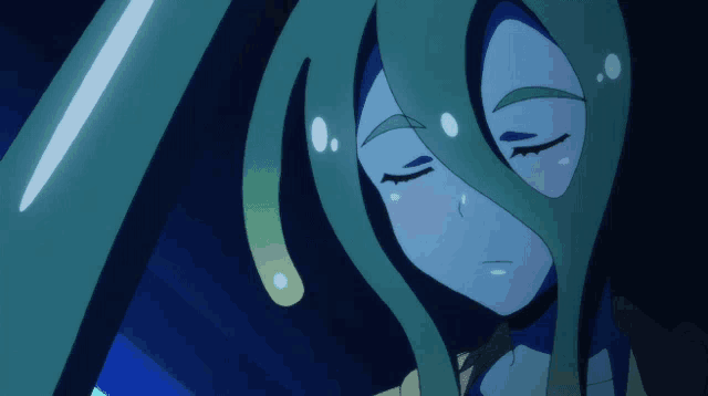 a blue and green anime character is sleeping