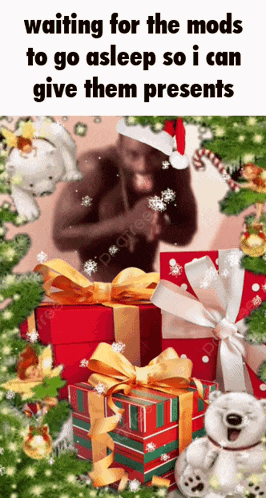 a man in a santa hat is standing in front of a christmas tree surrounded by presents