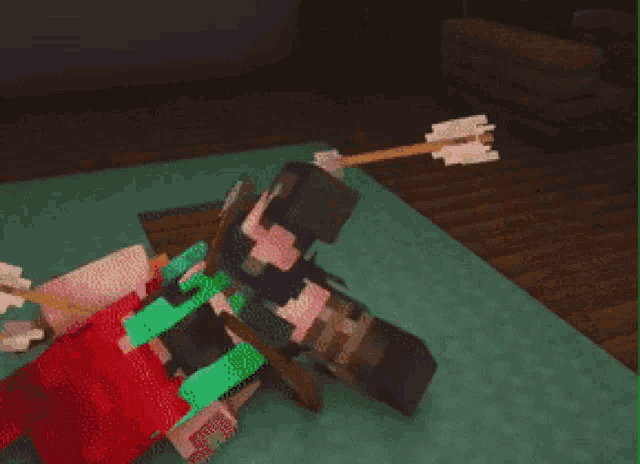 a minecraft character is laying on the floor with an arrow in his head .