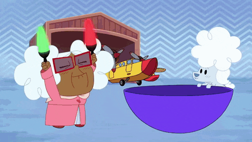 a cartoon drawing of a woman holding a red light and a yellow plane