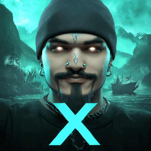 a man with a beard and a tattoo on his forehead has an x in front of his face