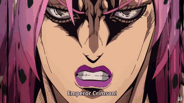 a close up of a cartoon character with the words emperor crimson below it