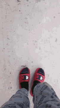person wearing a pair of red champion slides