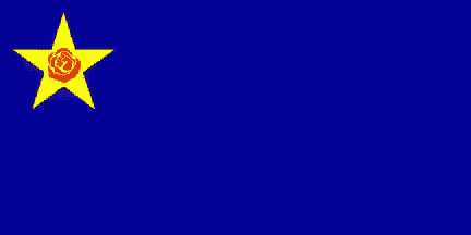 a blue flag with a yellow star and a red rose on it