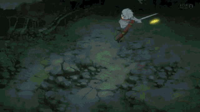 a cartoon character is holding a sword in front of a fire .