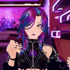 a girl with purple and blue hair is wearing a black top and chains .