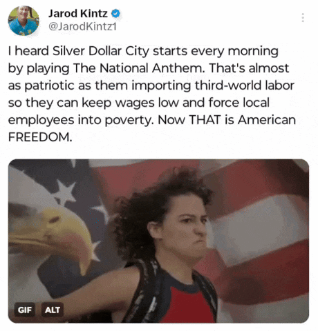 a tweet from jarod kintz shows a woman in front of an american flag