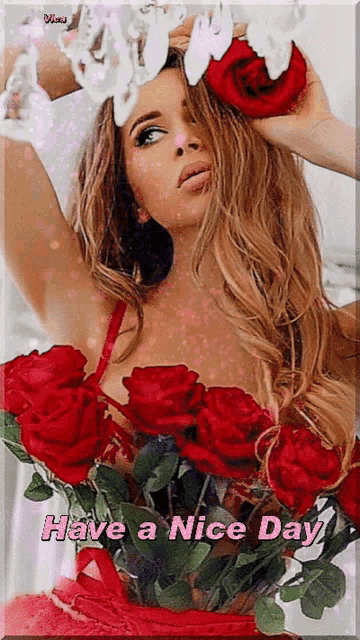 a picture of a woman with red roses and the words have a nice day below her