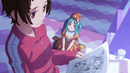 a girl in a red jacket is reading a comic