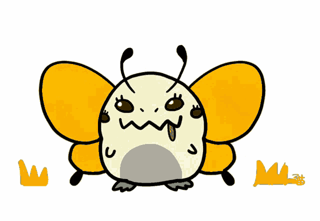 a cartoon drawing of a butterfly with a music note above its head