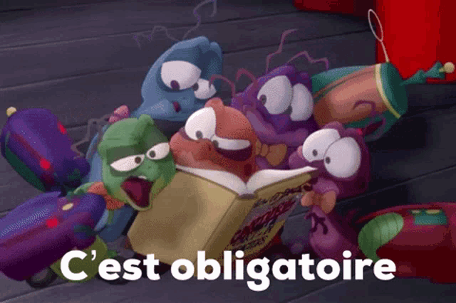 a group of cartoon characters reading a book with the words " c'est obligatoire " on the bottom