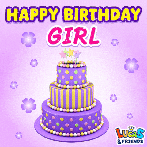 a birthday card for a girl with a purple cake and the words happy birthday girl