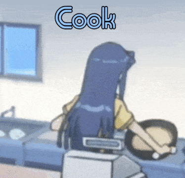 a cartoon of a girl holding a pan with the word cook above her