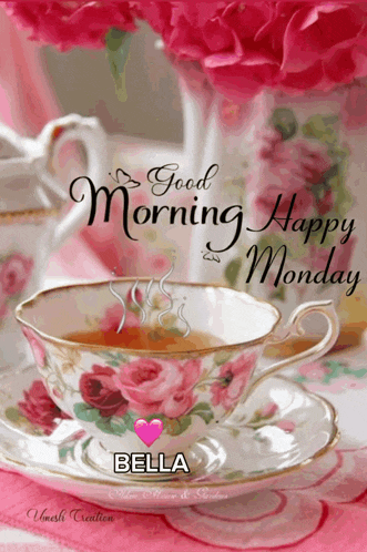 a cup of tea on a saucer with the words good morning happy monday below it