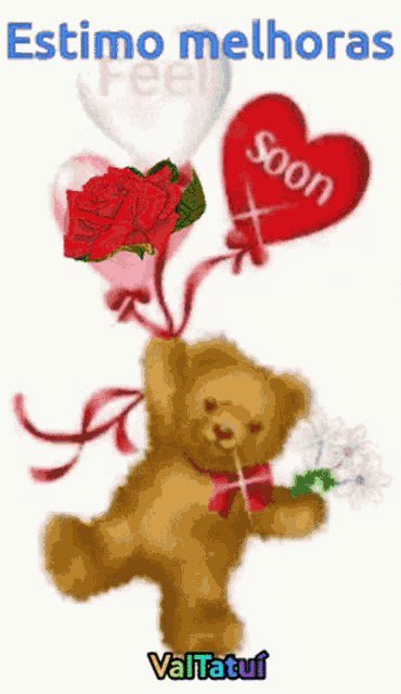a teddy bear is holding a bouquet of flowers and a balloon that says " soon "