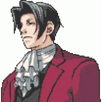 a pixel art of a man in a red suit .