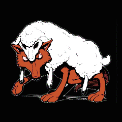 a cartoon drawing of a wolf and a sheep with a knife in its mouth