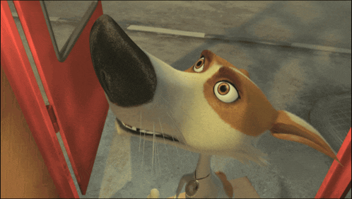 a cartoon dog with a serious look on his face is standing next to a red door