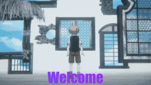 a boy stands in front of a building that says welcome in purple letters