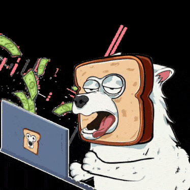 a polar bear with a slice of bread on its head is using a laptop computer