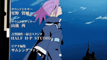 a picture of a girl with purple hair and half h-p studio written on the bottom