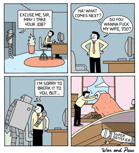 a cartoon by war and peao features a robot