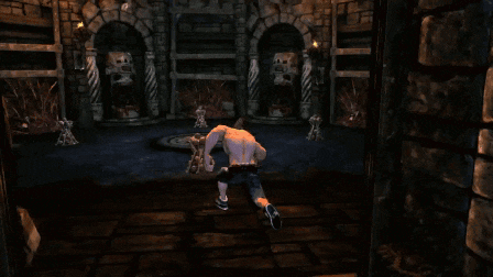 a video game screen shows a man standing in a dark room