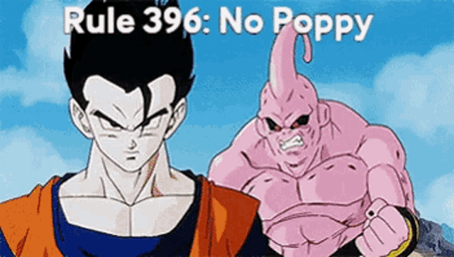 a cartoon of a man standing next to a pink monster with the words rule 396 no poppy on the bottom