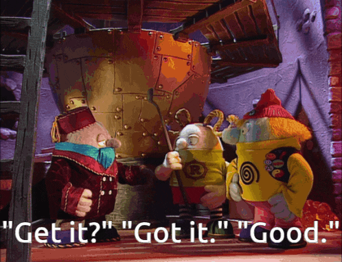 a group of cartoon characters standing next to each other with the words " get it " and " got it " above them