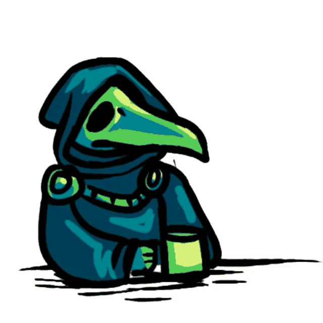 a cartoon drawing of a plague doctor in a blue hoodie drinking a cup of coffee .