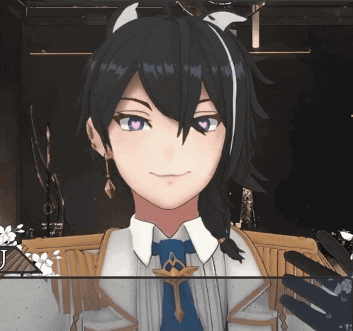 a close up of a person 's face with black hair and purple eyes