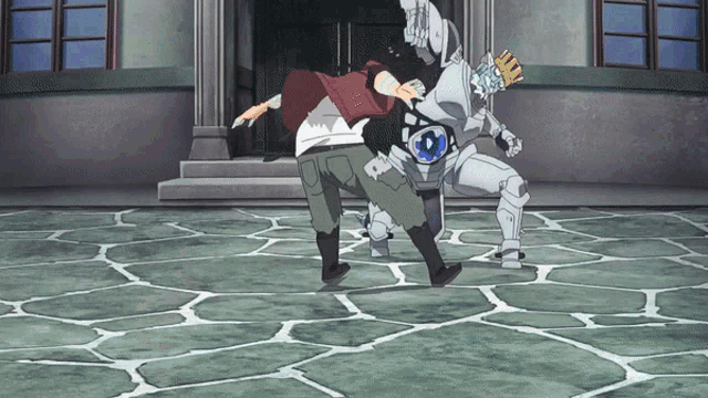 a man is being attacked by a robot with a crown on his head