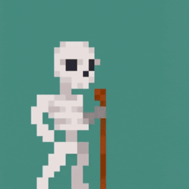 a pixel art of a skeleton holding a stick and giving a thumbs up
