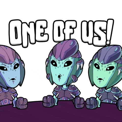 three aliens are sitting at a table with the words one of us written above them