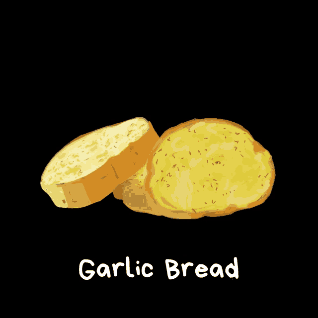 two slices of garlic bread with the words garlic bread below them