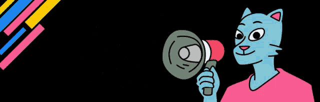 a cartoon cat is holding a megaphone with the words thank you in the background