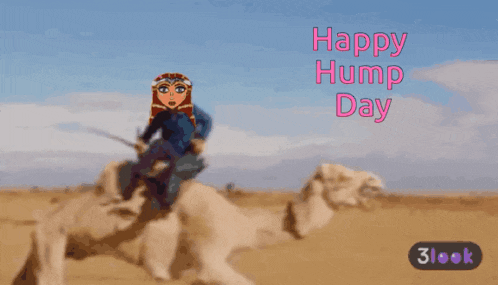 a cartoon of a woman riding a camel with the words happy hump day above her