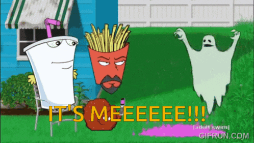 a cartoon says it 's meeeee and has a ghost
