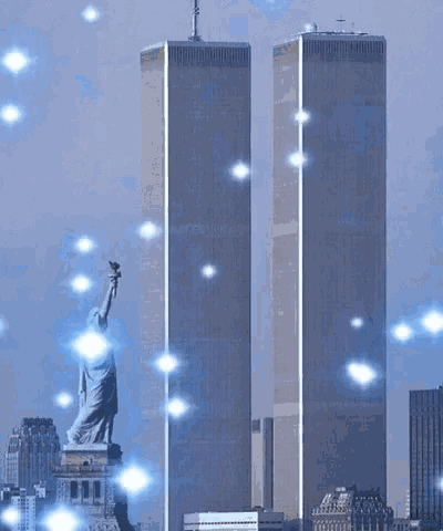 the statue of liberty is standing in front of the twin towers