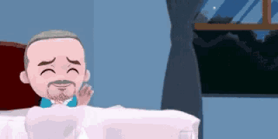 a cartoon of a man with a mustache is laying in bed