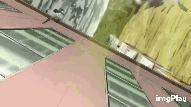 a person is flying through the air between two buildings in a cartoon .