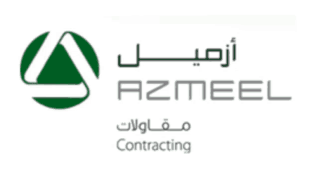 a logo for azmeel contracting with a green triangle