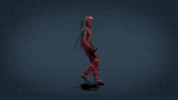 a cartoon of deadpool walking with the words deadpool tm written above him